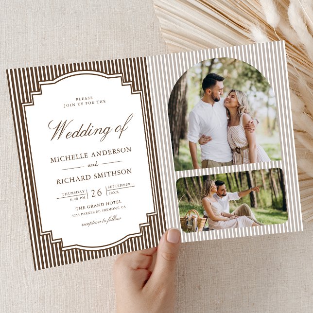 Chocolate Brown Striped Photo QR Code Wedding Invitation (Creator Uploaded)