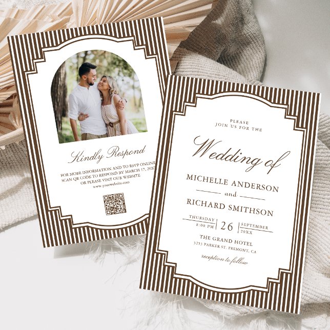 Chocolate Brown Striped Photo QR Code Wedding Invitation (Creator Uploaded)