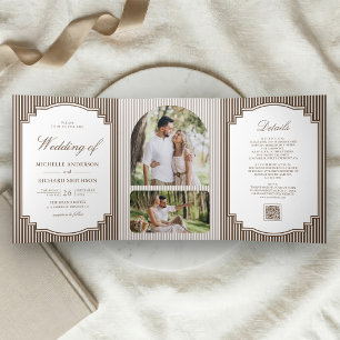 Chocolate Brown Striped Photo QR Code Wedding Tri-Fold Invitation
