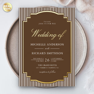 Chocolate Brown Striped Photo Wedding Gold