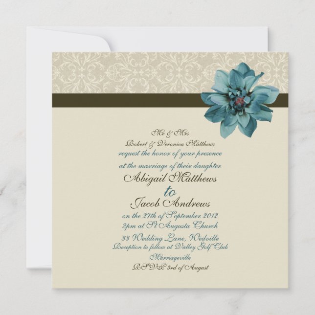 Chocolate Brown Teal Blue Flower Wedding Invite (Front)