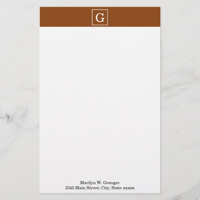 Chocolate Brown White Framed Initial Monogram Stationery (Front)