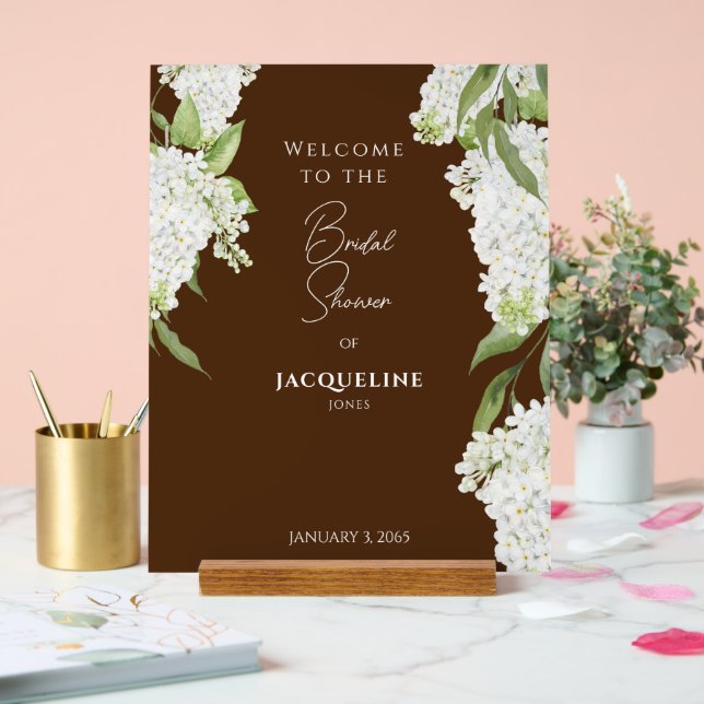 Chocolate Brown White Hydrangeas Shower Welcome Acrylic Sign (Wedding)