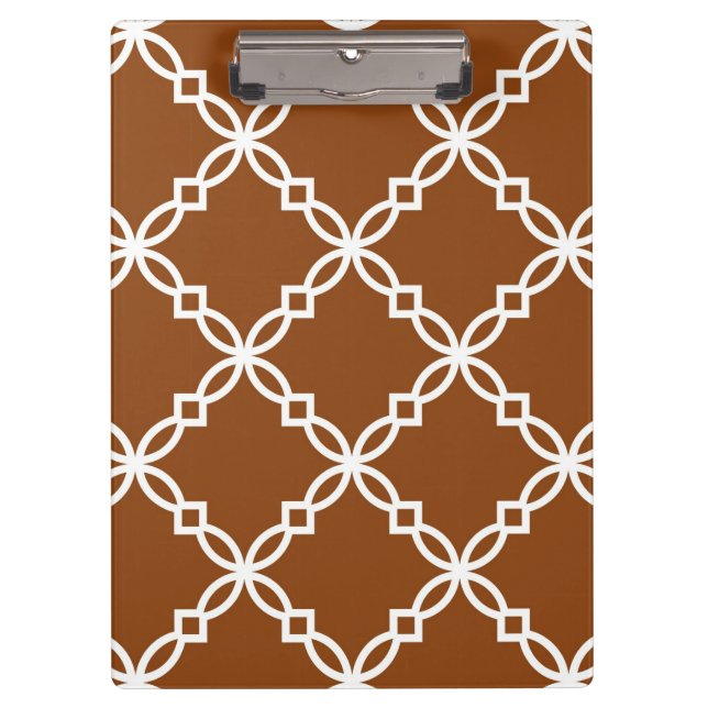 Chocolate Brown Wht Large Fancy Quatrefoil Pattern Clipboard (Front)