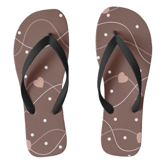 Chocolate Brown with Pink Hearts Pattern Flip Flops (Footbed)