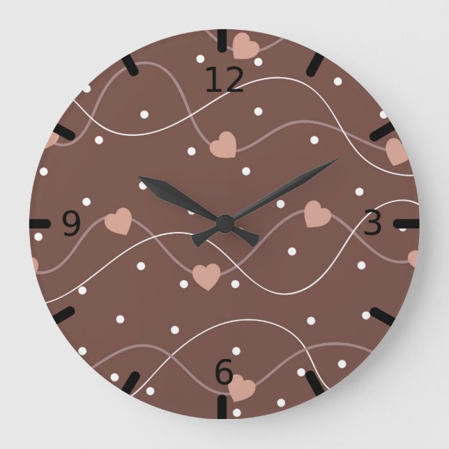 Chocolate Brown with Pink Hearts Pattern Large Clock (Front)