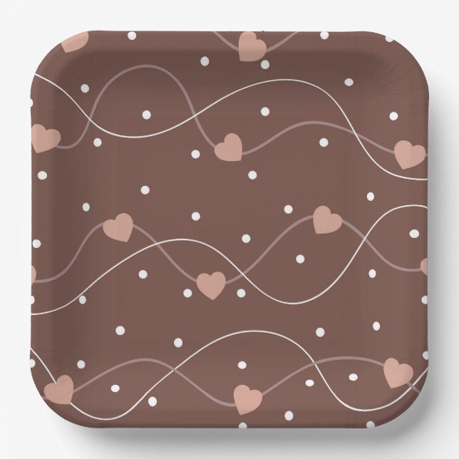 Chocolate Brown with Pink Hearts Pattern Paper Plate (Front)