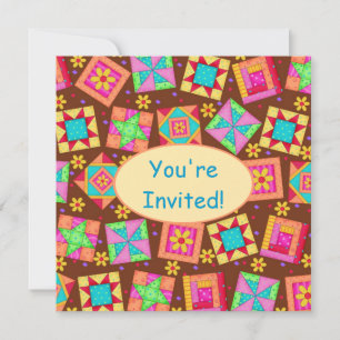 Chocolate Brown Yellow Patchwork Quilt Block Art Invitation