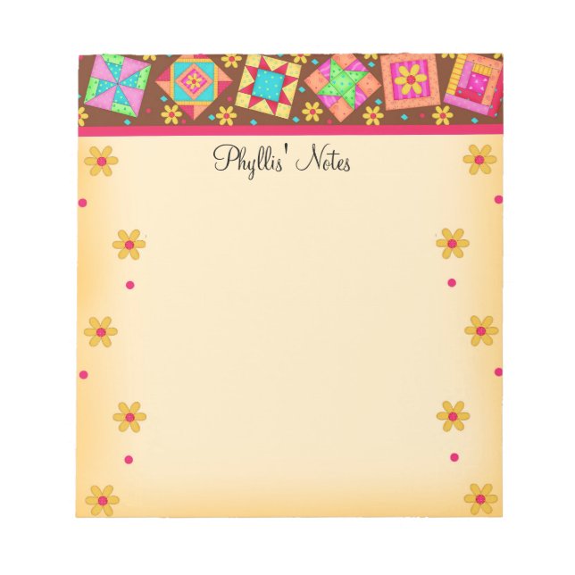 Chocolate Brown Yellow Patchwork Quilt Blocks Art Notepad (Front)