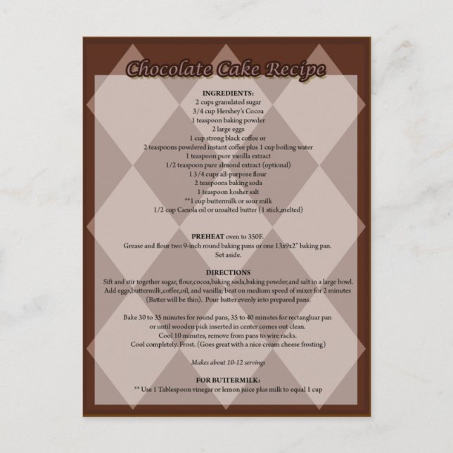 Chocolate Cake Recipe Postcard (Front)