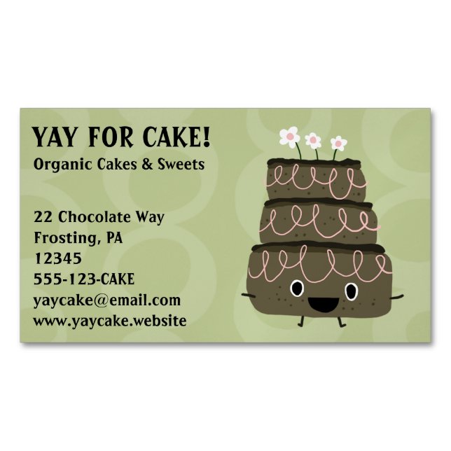 Chocolate Cake Whimsical Face Character Magnetic Business Card (Front)