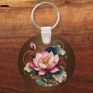 > Chocolate Car and Water Lily Floral Double-Sided Keychain