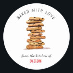Chocolate chip cookie 'baked with love'  classic round sticker<br><div class="desc">Personalized "Baked with love" stickers are perfect for homemade Christmas gifts featuring cute watercolor illustration of chocolate chip cookies.</div>