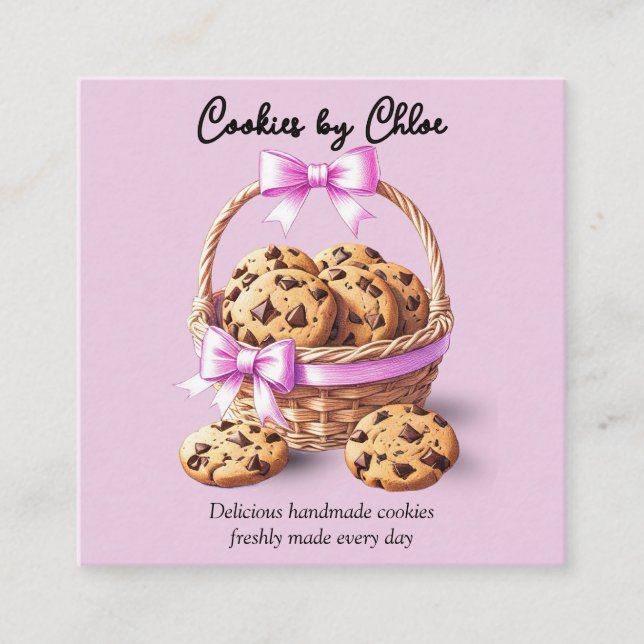 Chocolate Chip Cookies in Basket with Pink Bow Square Business Card (Front)
