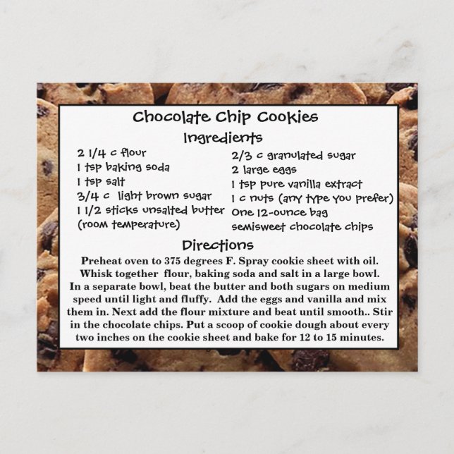 Chocolate Chip Cookies Recipe Card  Postcard (Front)