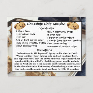 Chocolate Chip Cookies Recipe Card  Postcard