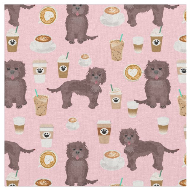 Chocolate cockapoo dog pink coffees fabric (Close Up)