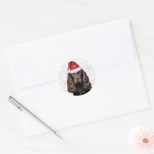 Chocolate Cocker Spaniel Dog on Woof Art Christmas Classic Round Sticker (Envelope)