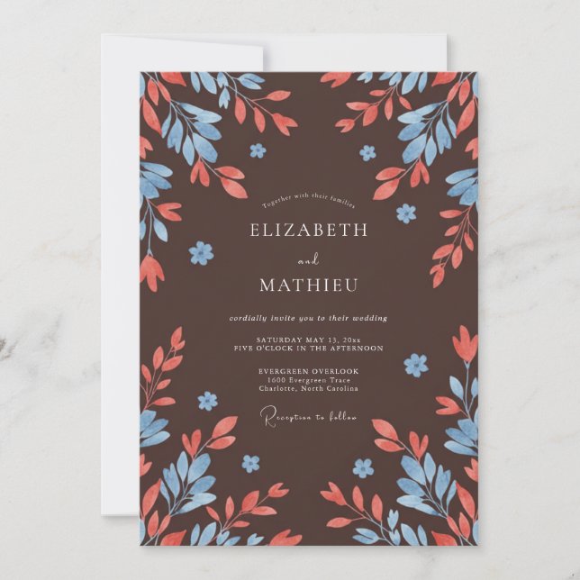 Chocolate Coral Leaf Wedding Invitation (Front)