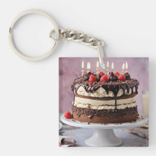 Chocolate Cream Birthday Cake With Strawberries,  Keychain