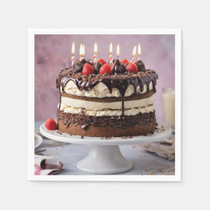 Chocolate Cream Birthday Cake With Strawberries,  Napkin