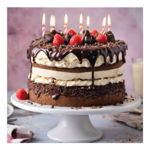 Chocolate Cream Birthday Cake With Strawberries, Photo Print