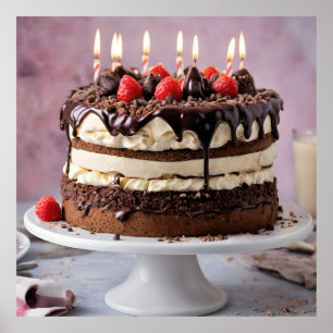 Chocolate Cream Birthday Cake With Strawberries,  Poster