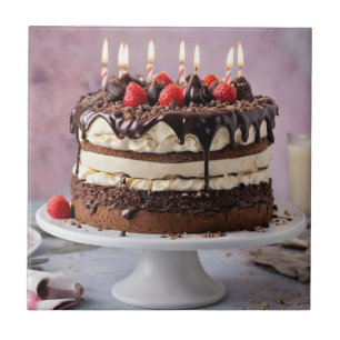 Chocolate Cream Birthday Cake With Strawberries, Tile