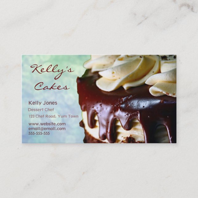 Chocolate Cream Cake Blue Bokeh Business Card (Front)