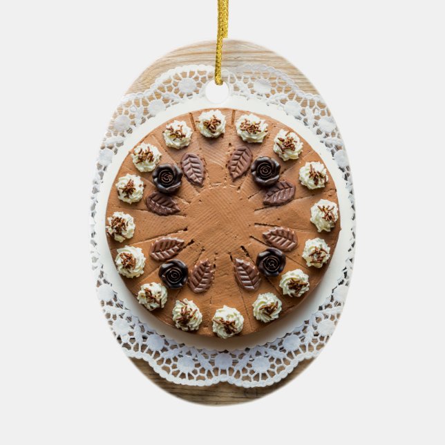 Chocolate cream pie on rustic wood cake top ceramic ornament (Front)