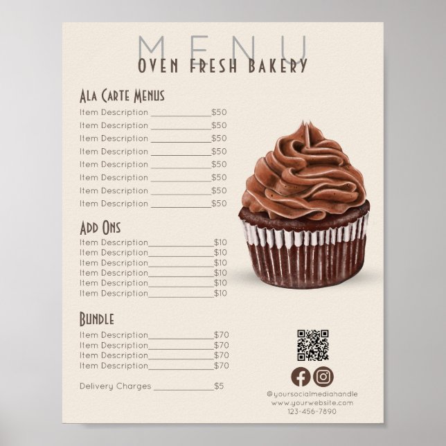 Chocolate Cupcake Beige Menu Bakery Price List Poster (Front)