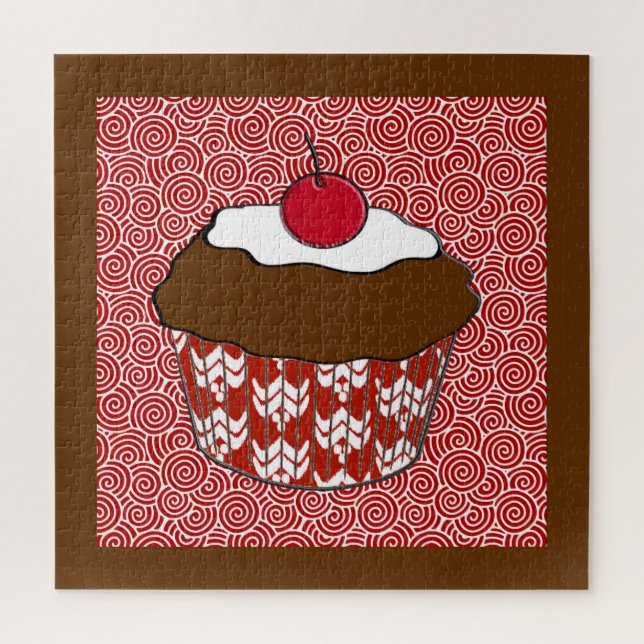Chocolate Cupcake on Red and White Pattern Jigsaw Puzzle (Vertical)