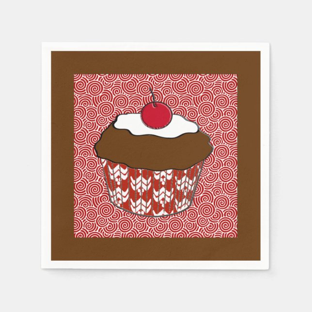 Chocolate Cupcake on Red and White Pattern Napkin (Front)