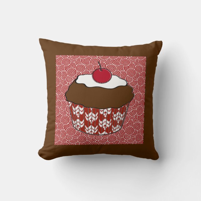Chocolate Cupcake on Red and White Pattern Throw Pillow (Front)