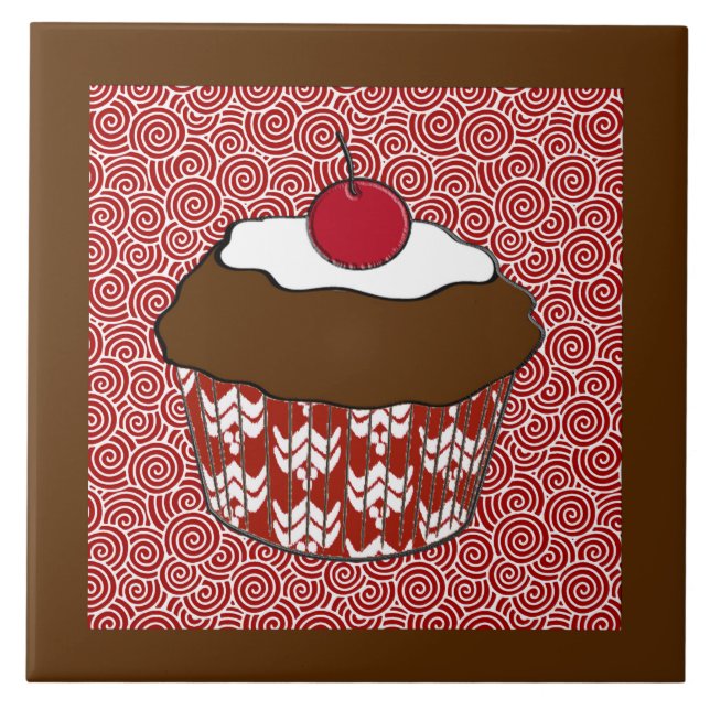 Chocolate Cupcake on Red and White Pattern Tile (Front)