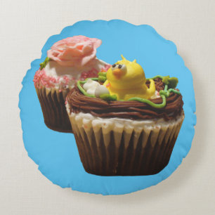 Chocolate Cupcakes Bird & Rose Round Throw Pillow
