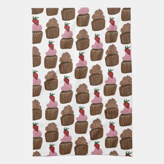 Chocolate Cupcakes Watercolor Pattern Kitchen Towel (Vertical)