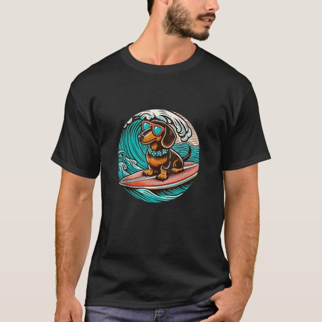 Chocolate Dachshund Surfing Summer Vibes Beach Sur T-Shirt (Front)