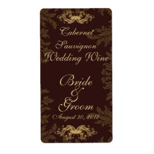 Chocolate Damask 2 Wedding Wine Label