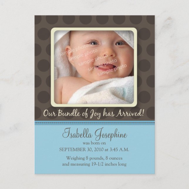 Chocolate Dots Baby Birth Announcement (baby blue) (Front)