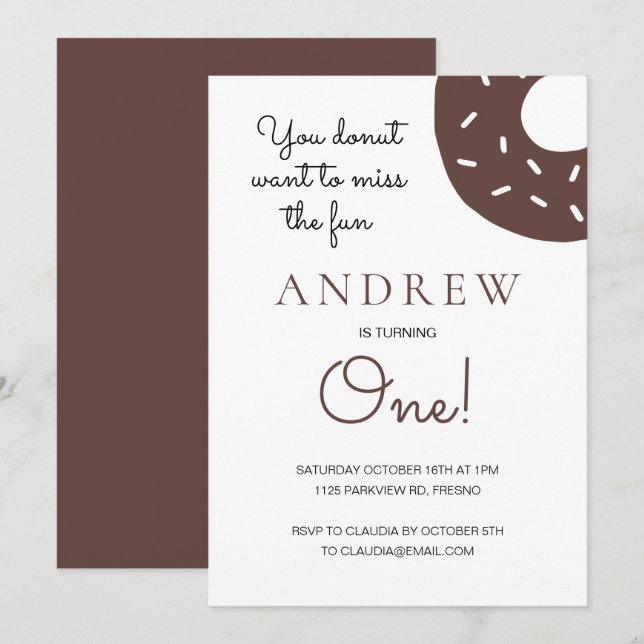 Chocolate Doughnut Turning One 1st First Birthday Invitation (Front/Back)