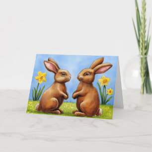 Chocolate Easter Bunnies In Daffodils Holiday Card