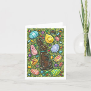 CHOCOLATE EASTER BUNNY, CHICK, EGGS, JELLY BEANS HOLIDAY CARD