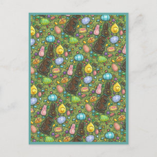 CHOCOLATE EASTER BUNNY, CHICK, EGGS, JELLY BEANS HOLIDAY POSTCARD