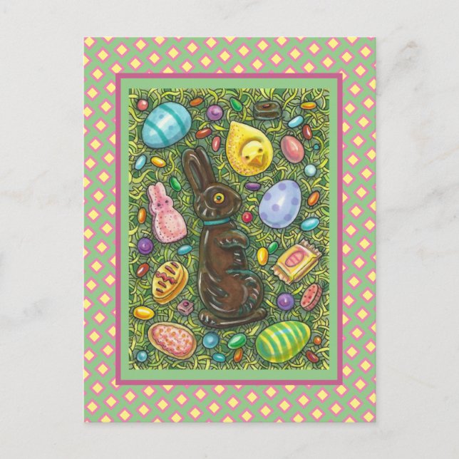 CHOCOLATE EASTER BUNNY, CHICK, EGGS, JELLY BEANS HOLIDAY POSTCARD (Front)