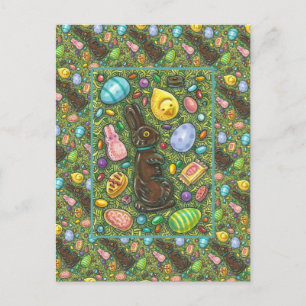 CHOCOLATE EASTER BUNNY, CHICK, EGGS, JELLY BEANS HOLIDAY POSTCARD