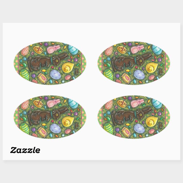 CHOCOLATE EASTER BUNNY, CHICK, EGGS, JELLY BEANS OVAL STICKER (Sheet)