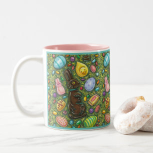 CHOCOLATE EASTER BUNNY, CHICK, EGGS, JELLY BEANS Two-Tone COFFEE MUG