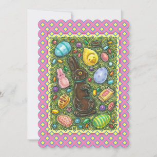 CHOCOLATE EASTER BUNNY, CHICK, JELLY BEANS Flat Holiday Card