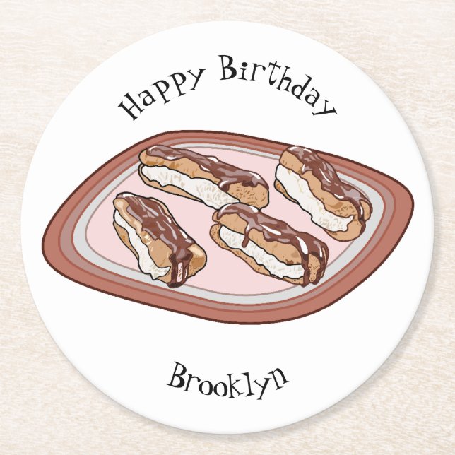 Chocolate eclair cartoon illustration  round paper coaster (Front)
